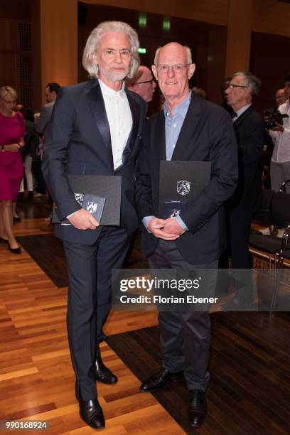 Hermann Buehlbecker and Anthony Cragg during the bestowal of the Order of Merit of North Rhine-Westphalia on July 2, 2018 in Duesseldorf, Germany....