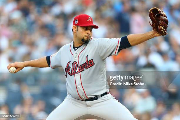 Anibal Sanchez of the Atlanta Braves pitches in the first inning against the New York Yankees at Yankee Stadium on July 2, 2018 in the Bronx borough...