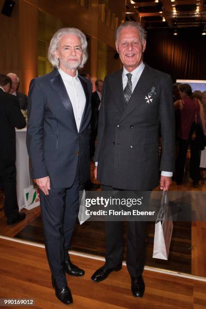 Hermann Buehlbecker and Hubertus Freiherr von Fuerstenberg during the bestowal of the Order of Merit of North Rhine-Westphalia on July 2, 2018 in...