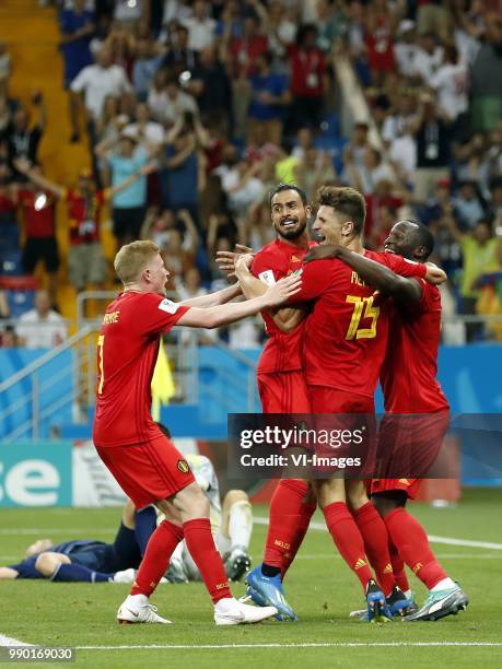 Kevin De Bruyne of Belgium, Japan goalkeeper Eiji Kawashima, Nacer Chadli of Belgium, Thomas Meunier of Belgium, Romelu Lukaku of Belgium during the...