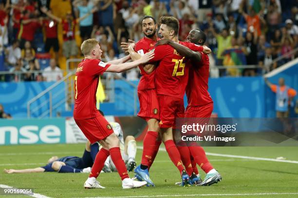 Kevin De Bruyne of Belgium, Japan goalkeeper Eiji Kawashima, Nacer Chadli of Belgium, Thomas Meunier of Belgium, Romelu Lukaku of Belgium during the...