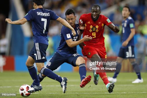 Gaku Shibasaki of Japan, Maya Yoshida of Japan, Romelu Lukaku of Belgium during the 2018 FIFA World Cup Russia round of 16 match between Belgium and...