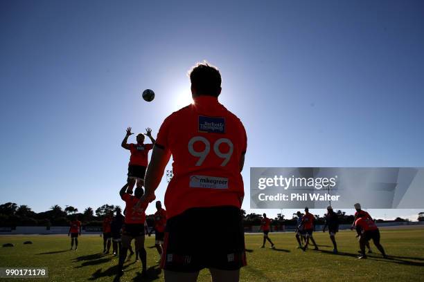The Auckland Blues practice the lineout calls during a Blues Super Rugby training session at Blues HQ on July 3, 2018 in Auckland, New Zealand.