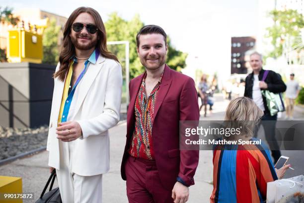 Riccardo Simonetti and guest are seen on the street during the Berlin Fashion Week July 2018 on July 2, 2018 in Berlin, Germany.