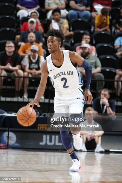 Kobi Simmons of the Memphis Grizzlies handles the ball during the game against the Atlanta Hawks during the 2018 Utah Summer League on July 2, 2018...