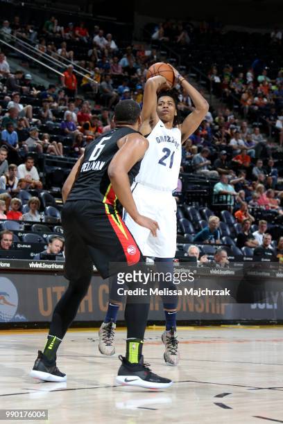 Deyonta Davis of the Memphis Grizzlies handles the ball during the game against the Atlanta Hawks during the 2018 Utah Summer League on July 2, 2018...