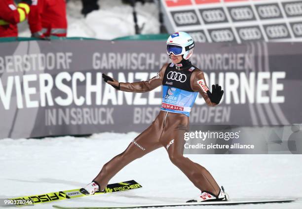 Kamil Stoch from Poland reacts to his jump in the first round of the Four Hills Tournament in Bischofshofen, Austria, 6 January 2018. Photo: Daniel...