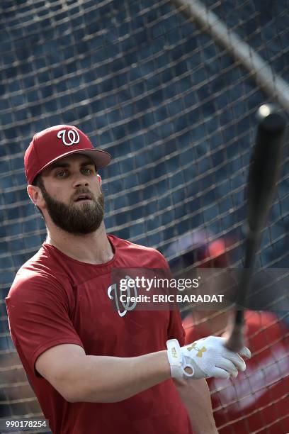 Nationals outfielder Bryce Harper is seen during a practice of Washington Nationals baseball players before a game at the Nationals Park on May 21,...