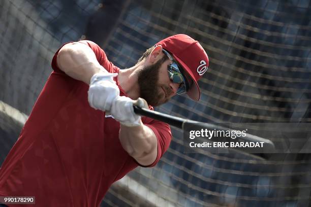 Nationals outfielder Bryce Harper is seen during a practice of Washington Nationals baseball players before a game at the Nationals Park on May 21,...