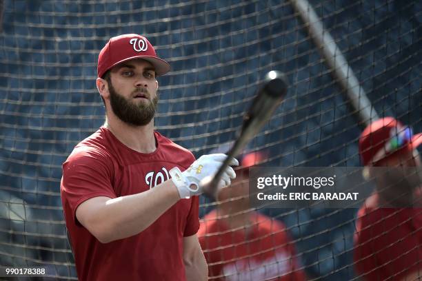 Nationals outfielder Bryce Harper is seen during a practice of Washington Nationals Baseball players before a game at the Nationals Park on May 21,...