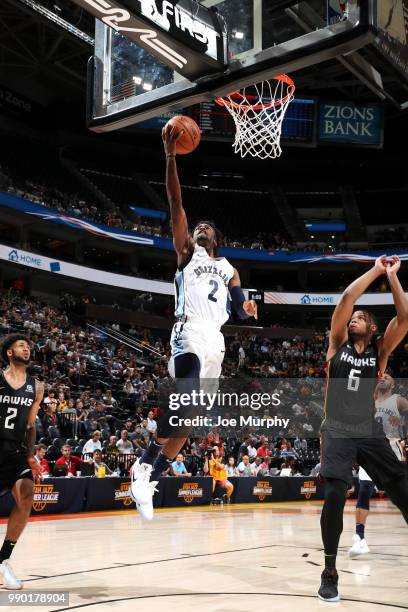 Kobi Simmons of the Memphis Grizzlies goes to the basket against the Atlanta Hawks during the 2018 Summer League at the Vivint Smart Home Arena on...