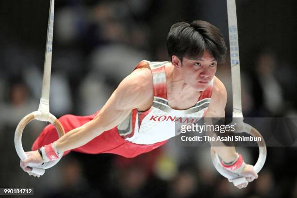 Yusuke Tanaka competes in the Men's Rings on day one of the 72nd All Japan Artistic Gymnastics Apparatus Championships at Takasaki Arena on June 30,...