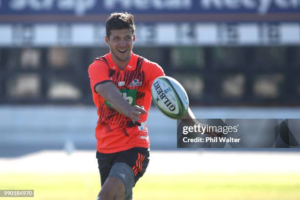 Matt Duffie of the Auckland Blues passes during a Blues Super Rugby training session at Blues HQ on July 3, 2018 in Auckland, New Zealand.