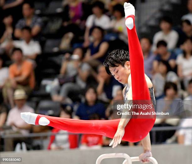 Kazuma Kaya competes in the Men's Pommel Horse on day one of the 72nd All Japan Artistic Gymnastics Apparatus Championships at Takasaki Arena on June...