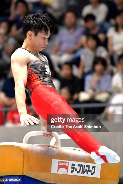 Kazuma Kaya competes in the Men's Pommel Horse on day one of the 72nd All Japan Artistic Gymnastics Apparatus Championships at Takasaki Arena on June...