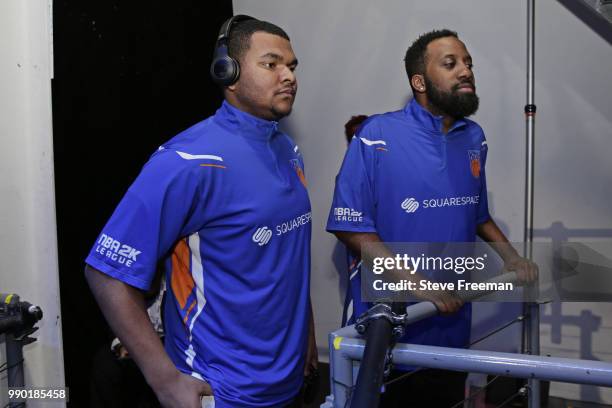 YEYNotGaming and NateKahl of Knicks Gaming look on before game against Heat Check Gaming on June 23, 2018 at the NBA 2K League Studio Powered by...