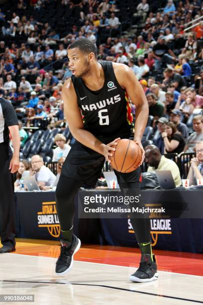 Omari Spellman of the Atlanta Hawks handles the ball during the game against the Memphis Grizzlies during the 2018 Utah Summer League on July 2, 2018...
