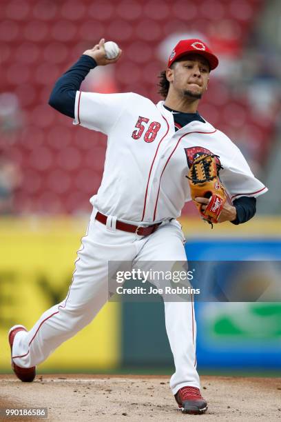 Luis Castillo of the Cincinnati Reds pitches in the first inning against the Chicago White Sox at Great American Ball Park on July 2, 2018 in...