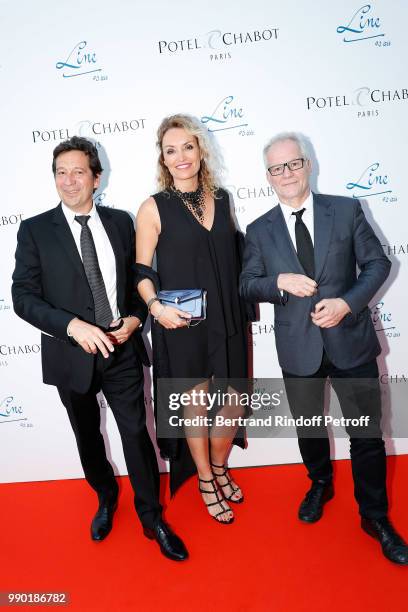 Laurent Gerra, Christelle Bardet and Thierry Fremaux attend Line Renaud's 90th Anniversary on July 2, 2018 in Paris, France.