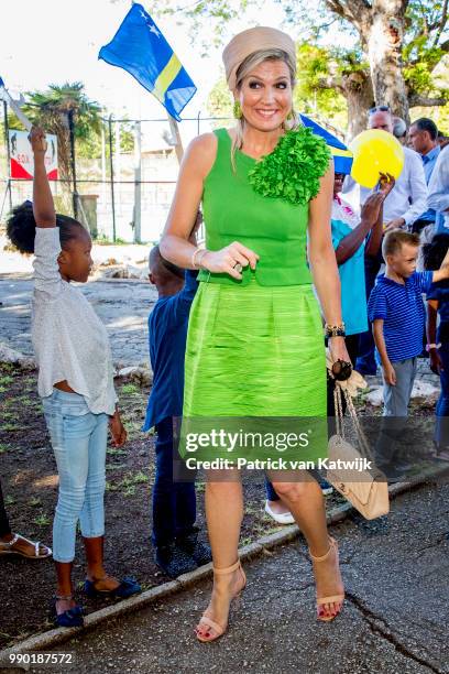 Queen Maxima of The Netherlands visits Excel Arts Academy during the Dia di Bandera celebrations on July 2, 2018 in Willemstad, Curacao. Excel Arts...