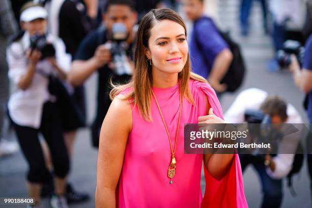 Mandy Moore wears a pink dress , outside Schiaparelli, during Paris Fashion Week Haute Couture Fall Winter 2018/2019, on July 2, 2018 in Paris,...