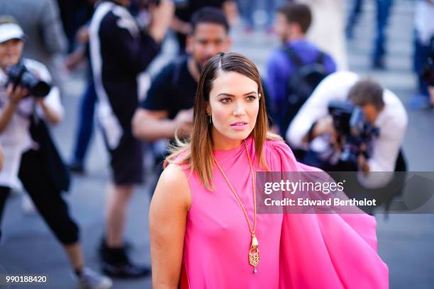 Mandy Moore wears a pink dress , outside Schiaparelli, during Paris Fashion Week Haute Couture Fall Winter 2018/2019, on July 2, 2018 in Paris,...