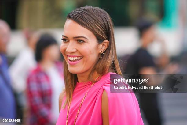 Mandy Moore wears a pink dress , outside Schiaparelli, during Paris Fashion Week Haute Couture Fall Winter 2018/2019, on July 2, 2018 in Paris,...