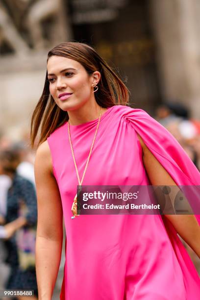 Mandy Moore wears a pink dress , outside Schiaparelli, during Paris Fashion Week Haute Couture Fall Winter 2018/2019, on July 2, 2018 in Paris,...