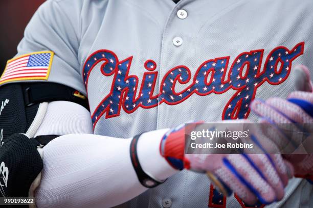 Detailed view of special Fourth of July uniform worn by Chicago White Sox player in the first inning against the Cincinnati Reds at Great American...