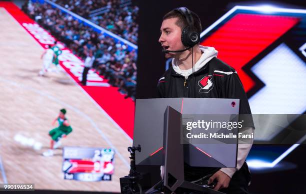 Mama Im Dat Man of Blazer5 Gaming reacts during game against Celtics Crossover Gaming on June 29, 2018 at the NBA 2K League Studio Powered by Intel...