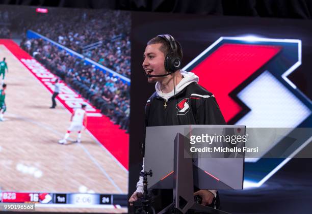 Mama Im Dat Man of Blazer5 Gaming reacts during game against Celtics Crossover Gaming on June 29, 2018 at the NBA 2K League Studio Powered by Intel...