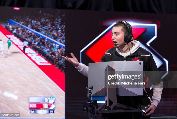 Mama Im Dat Man of Blazer5 Gaming reacts during game against Celtics Crossover Gaming on June 29, 2018 at the NBA 2K League Studio Powered by Intel...