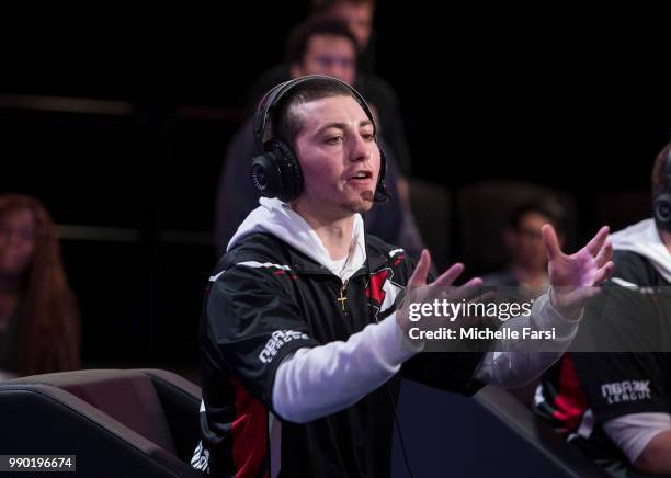 Mama Im Dat Man of Blazer5 Gaming reacts during game against Celtics Crossover Gaming on June 29, 2018 at the NBA 2K League Studio Powered by Intel...