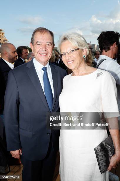 Patrick Ollier and his wife Michele Alliot-Marie attend Line Renaud's 90th Anniversary on July 2, 2018 in Paris, France.