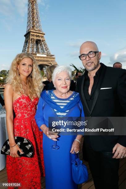 Julie Hantson, Line Renaud and Pascal Obispo attend Line Renaud's 90th Anniversary on July 2, 2018 in Paris, France.