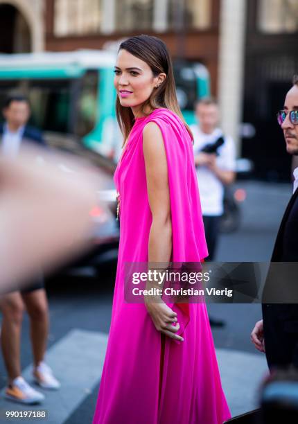 Mandy Moore wearing pink dress is seen outside Schiaparelli on day two during Paris Fashion Week Haute Couture FW18 on July 2, 2018 in Paris, France.