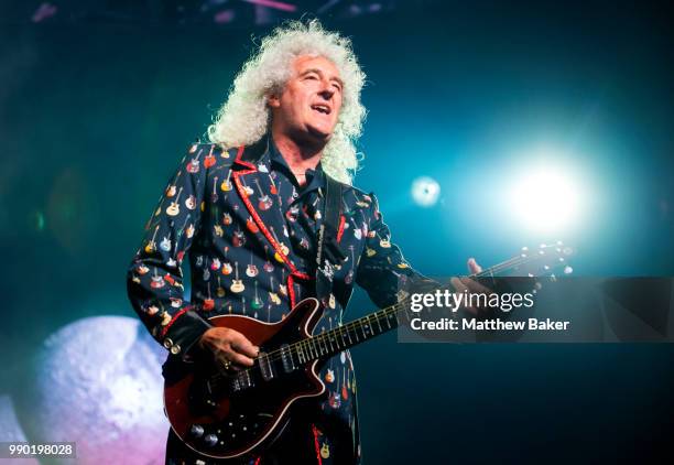 Brian May of Queen performs live on stage at The O2 Arena on July 2, 2018 in London, England.