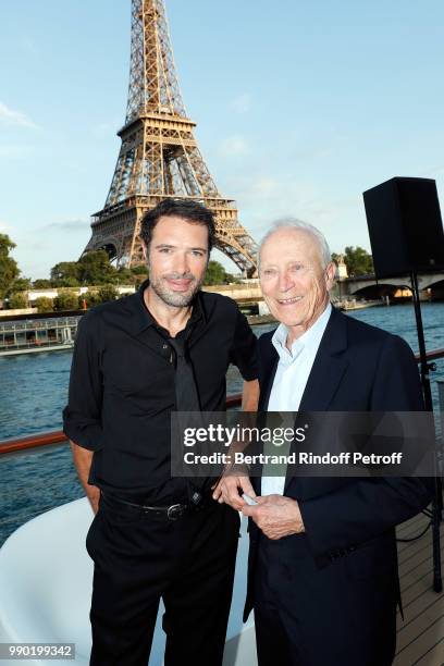 Nicolas Bedos and Jerome Seydoux attend Line Renaud's 90th Anniversary on July 2, 2018 in Paris, France.