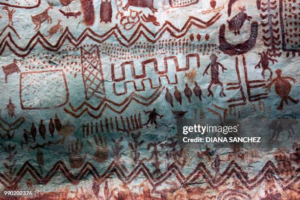 Detail of cave art at the Cerro Azul, in Serrania La Lindosa -which had been declared Protected Archaeological Site of Colombia last May-in the...