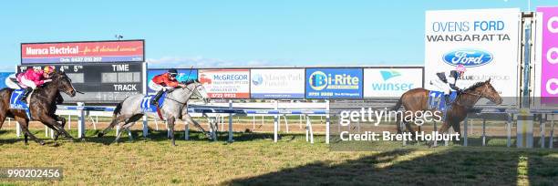 Geneva Diva ridden by Rebeka Prest wins the CrownBet BM64 Handicap at Wangaratta Racecourse on July 02, 2018 in Wangaratta, Australia.