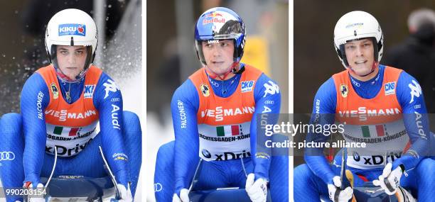 Picture combo showing the members of the Italian luge relay team, Andrea Voetter , Dominik Fischnaller and Ivan Nagler as they cross the finish line...