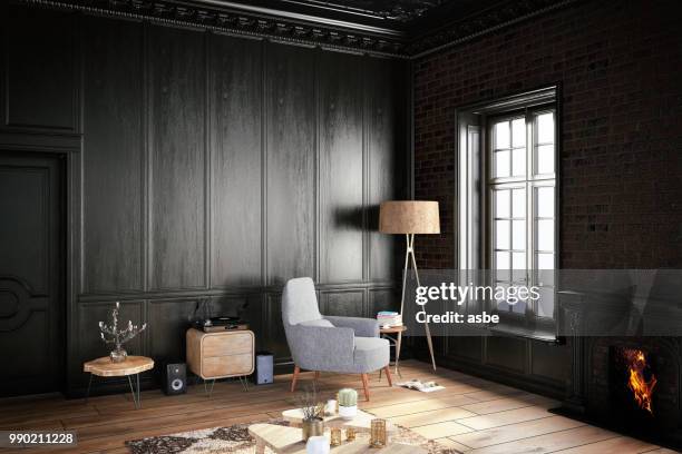 schwarzes interieur mit sessel - classical style stock-fotos und bilder