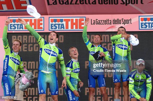 Giro D'Italia, Stage 1 Podium, Team Liquigas , Di Luca Danilo , Gasparotto Enrico , Miholjevic Vladimir , Nibali Vincenzo , Noe Andrea , Pellizotti...