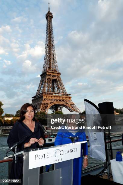 Mayor of Paris Anne Hidalgo and Line Renaud attend Line Renaud's 90th Anniversary on July 2, 2018 in Paris, France.