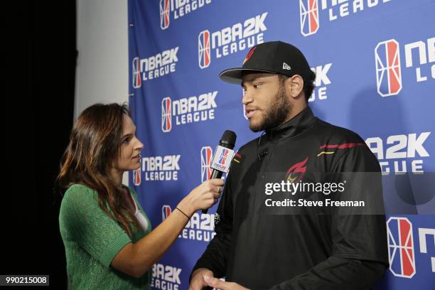 MaJes7ic of Heat Check Gaming speaks to media after game against Knicks Gaming on June 23, 2018 at the NBA 2K League Studio Powered by Intel in Long...