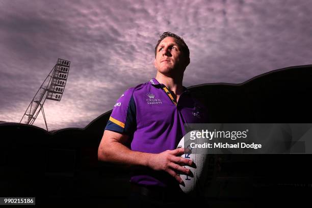 Melbourne Storm veteran Ryan Hoffman poses during a press conference to announcement his retirement on July 3, 2018 in Melbourne, Australia. Hoffman...