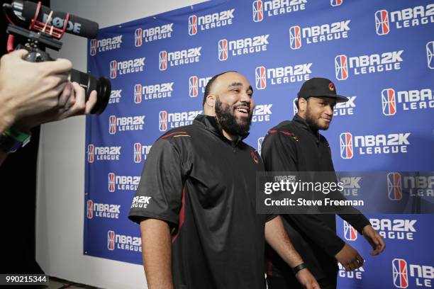 24k Dropoff I and MaJes7ic of Heat Check Gaming leave studio after game against Knicks Gaming on June 23, 2018 at the NBA 2K League Studio Powered by...