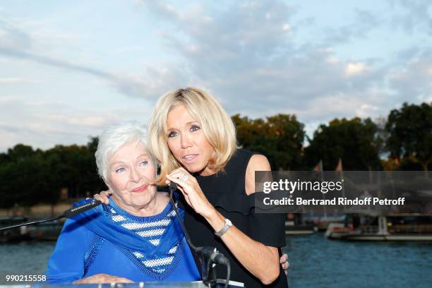 Line Renaud and Brigitte Macron attend Line Renaud's 90th Anniversary on July 2, 2018 in Paris, France.