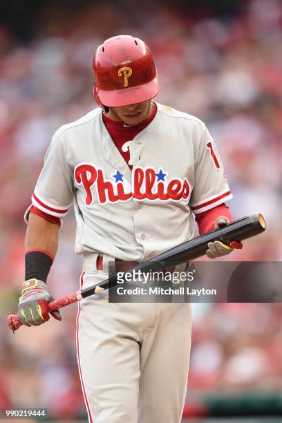Cesar Hernandez of the Philadelphia Phillies walks back to the dug out after striking out during a baseball game against the Washington Nationals at...