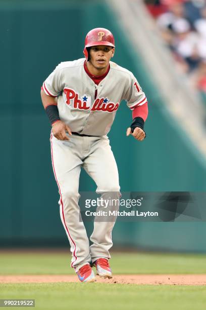 Cesar Hernandez of the Philadelphia Phillies leads off first base during a baseball game against the Washington Nationals at Nationals Park on June...